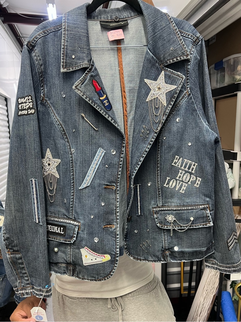 Custom Embellished Denim Jacket - Faith Hope Love